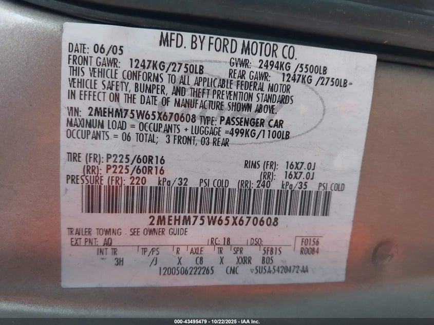 2MEHM75W65X670608 2005 MERCURY GRAND MARQUIS photo no. 9