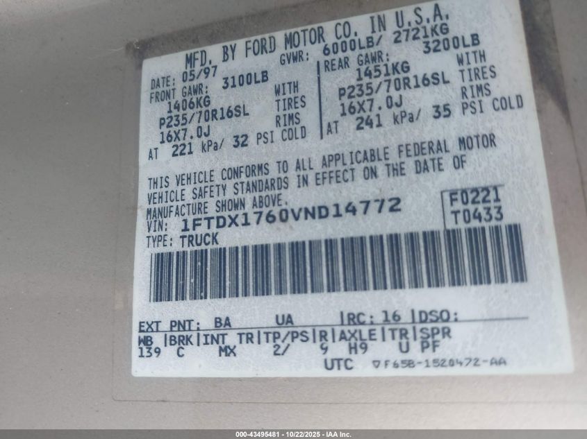 1997 Ford F-150 Lariat/Standard/Xl/Xlt VIN: 1FTDX1760VND14772 Lot: 43495481