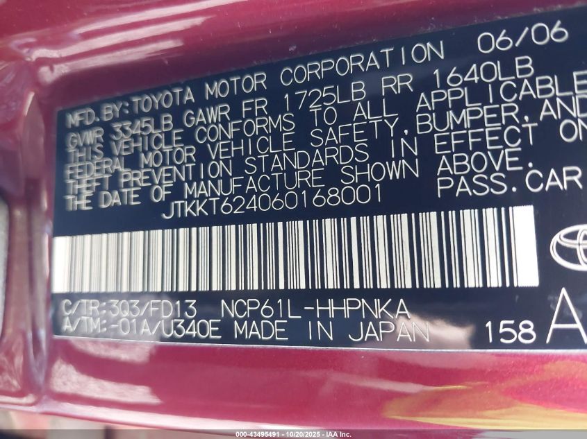 2006 Scion Xa VIN: JTKKT624060168001 Lot: 43495491