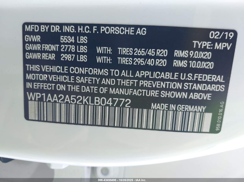 2019 Porsche Macan VIN: WP1AA2A52KLB04772 Lot: 43495498