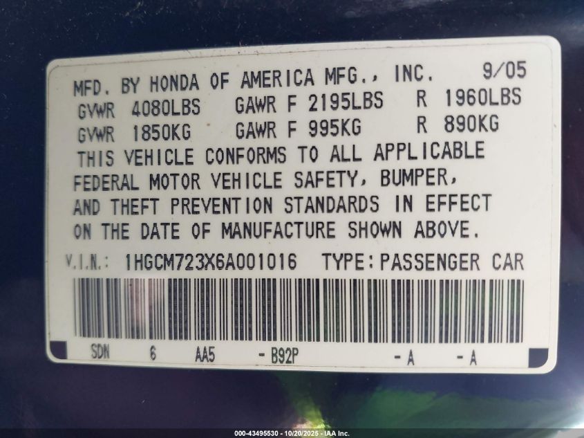 2006 Honda Accord 2.4 Lx VIN: 1HGCM723X6A001016 Lot: 43495530