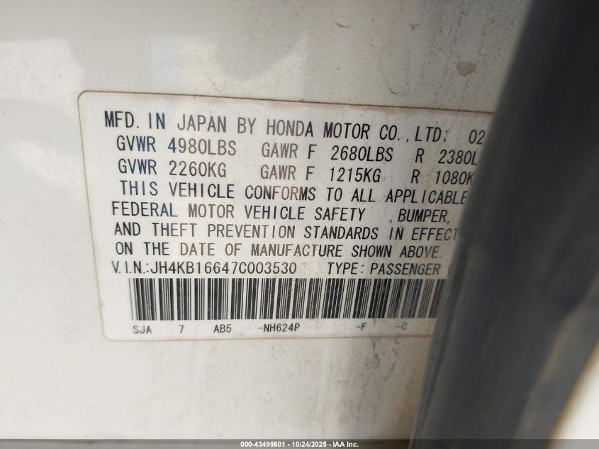 2007 Acura Rl 3.5 VIN: JH4KB16647C003530 Lot: 43495601