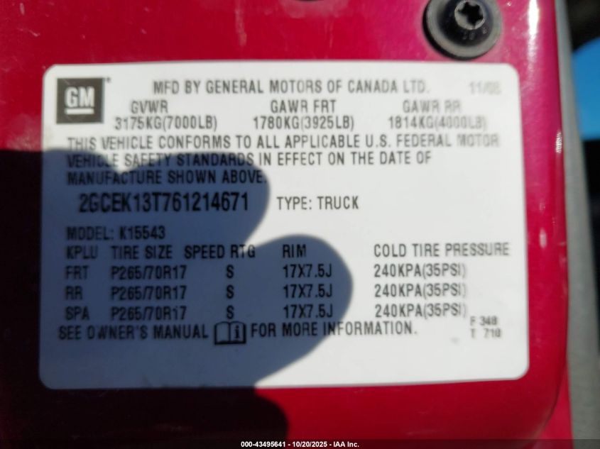 2006 Chevrolet Silverado 1500 Lt1 VIN: 2GCEK13T761214671 Lot: 43495641
