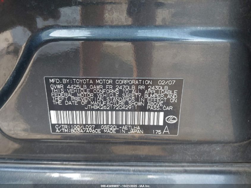 2007 Lexus Is 250 VIN: JTHBK262172042911 Lot: 43495697