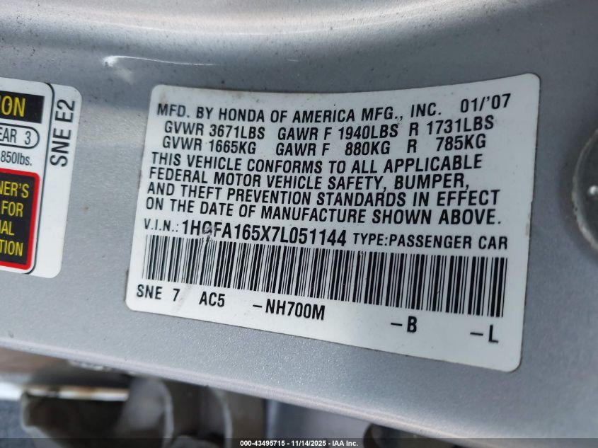 2007 Honda Civic Lx VIN: 1HGFA165X7L051144 Lot: 43495715