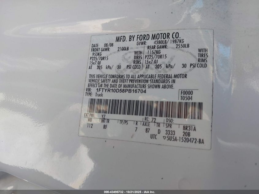 2008 Ford Ranger Xl/Xlt VIN: 1FTYR10D58PB16704 Lot: 43495732