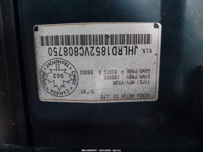 1997 Honda Cr-V VIN: JHLRD1852VC808750 Lot: 43495767