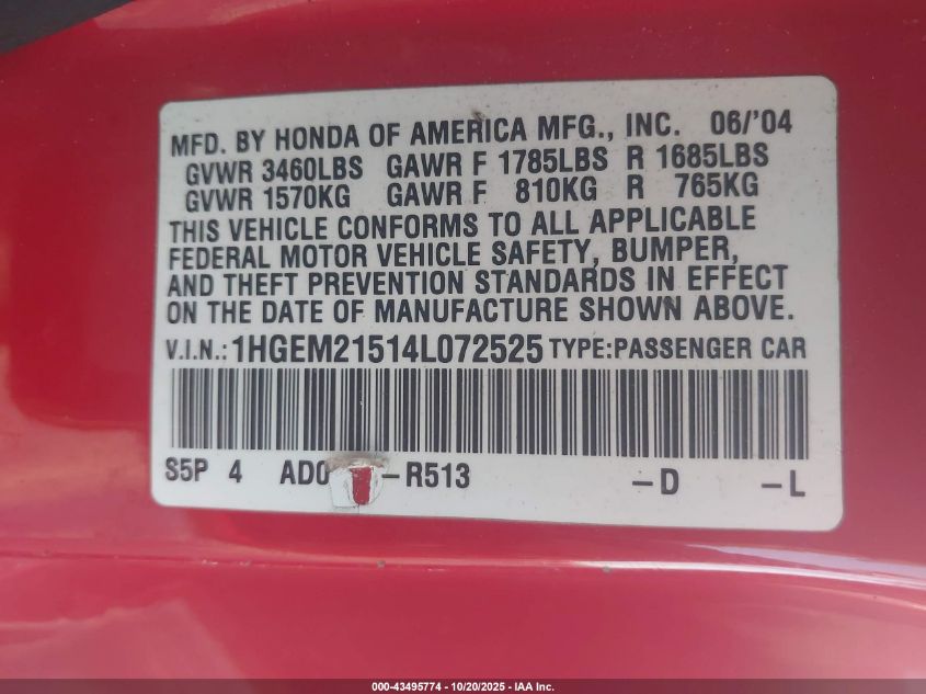 2004 Honda Civic Lx VIN: 1HGEM21514L072525 Lot: 43495774