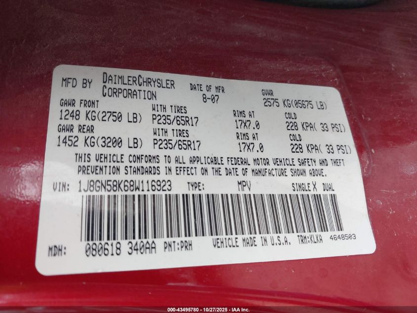 2008 Jeep Liberty Limited Edition VIN: 1J8GN58K68W116923 Lot: 43495780