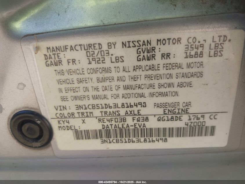 2003 Nissan Sentra Gxe VIN: 3N1CB51D63L816498 Lot: 43495794