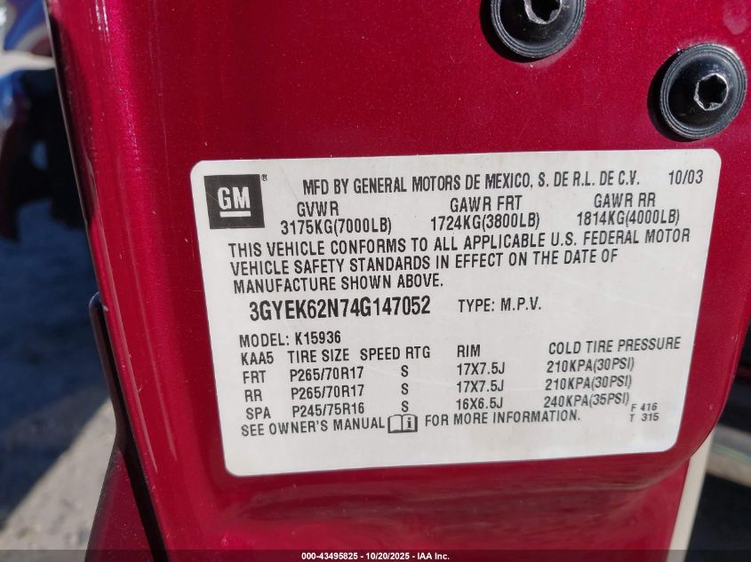 2004 Cadillac Escalade Ext Standard VIN: 3GYEK62N74G147052 Lot: 43495825