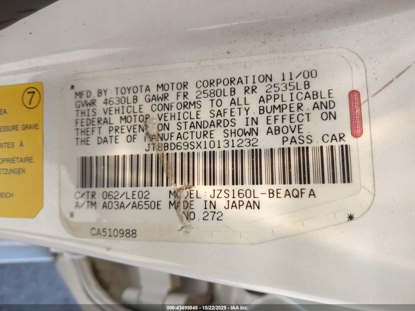 2001 Lexus Gs 300 VIN: JT8BD69SX10131232 Lot: 43495848