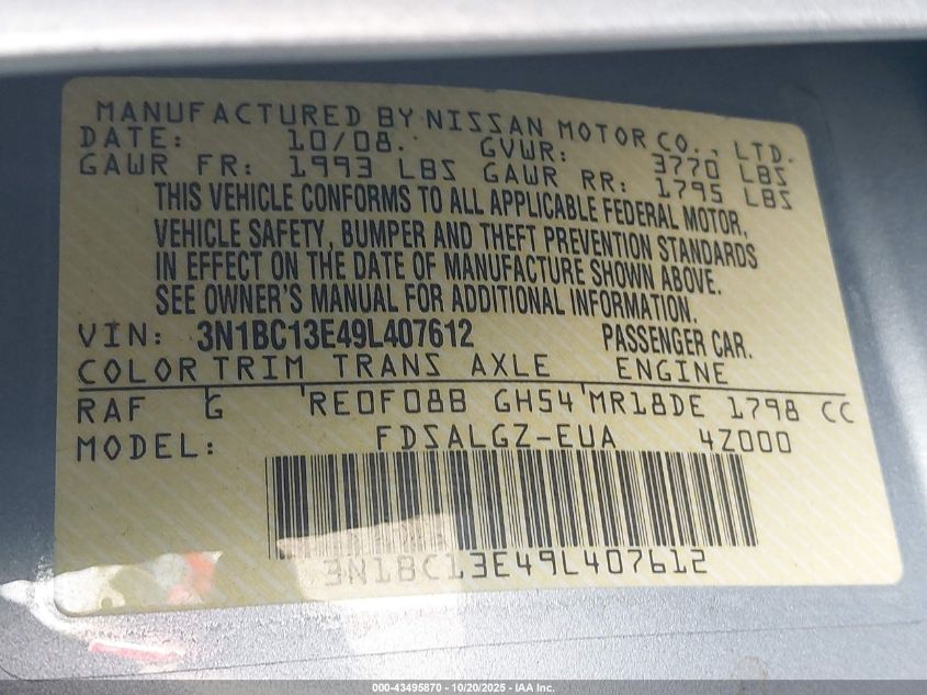 2009 Nissan Versa 1.8Sl VIN: 3N1BC13E49L407612 Lot: 43495870