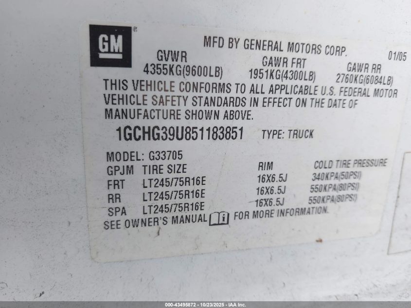 2005 Chevrolet Express VIN: 1GCHG39U851183851 Lot: 43495872