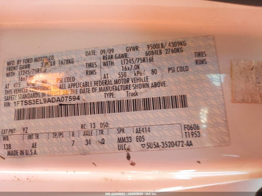 2010 Ford E-350 Super Duty Commercial/Recreational VIN: 1FTSS3EL9ADA07594 Lot: 43495882