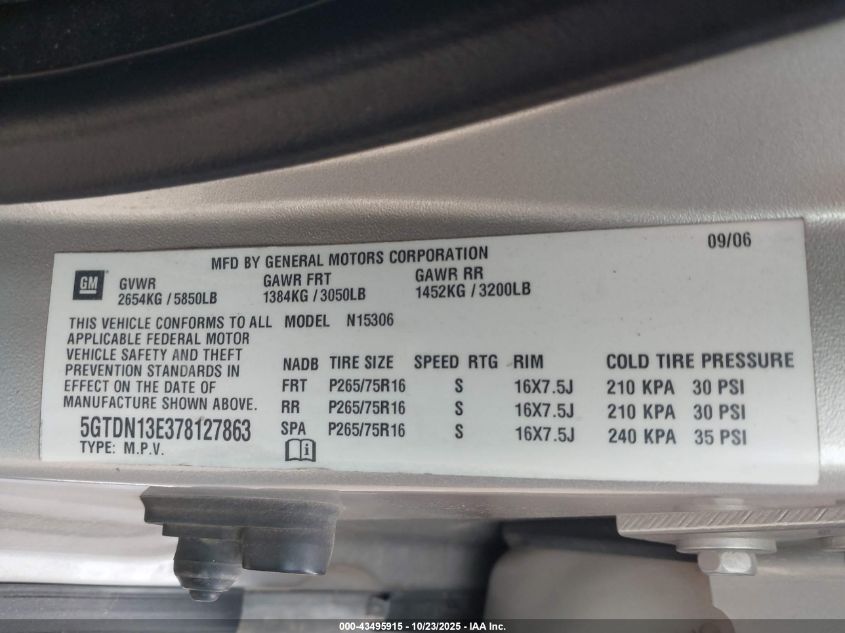 2007 Hummer H3 Suv VIN: 5GTDN13E378127863 Lot: 43495915