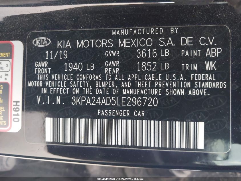 2020 Kia Rio S VIN: 3KPA24AD5LE296720 Lot: 43495928