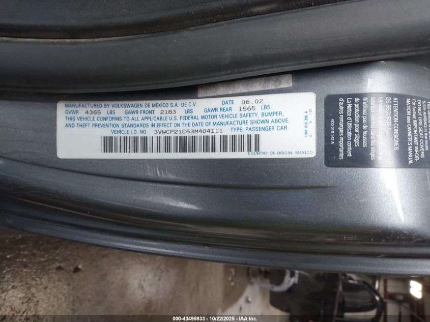 2003 Volkswagen New Beetle Gls Tdi VIN: 3VWCP21C63M404111 Lot: 43495933