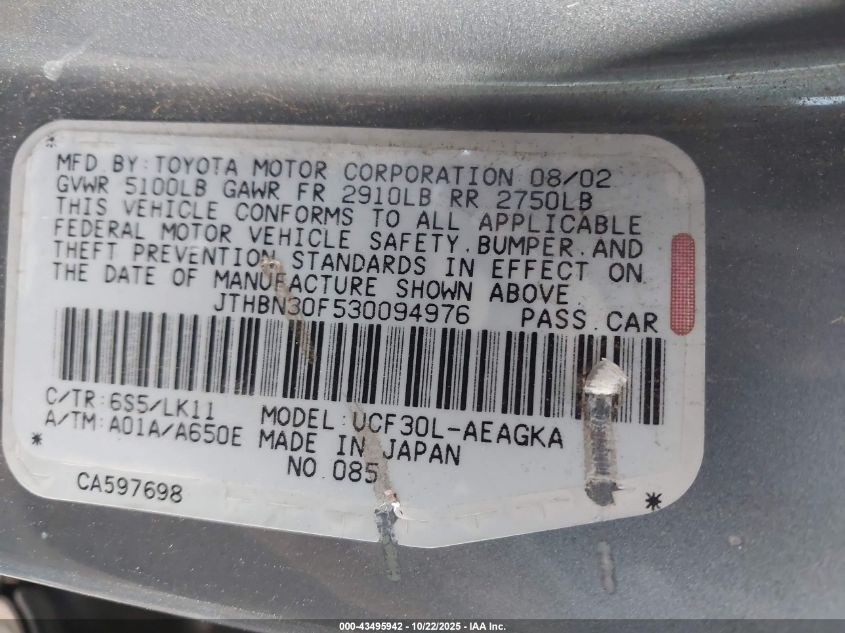 2003 Lexus Ls 430 VIN: JTHBN30F530094976 Lot: 43495942