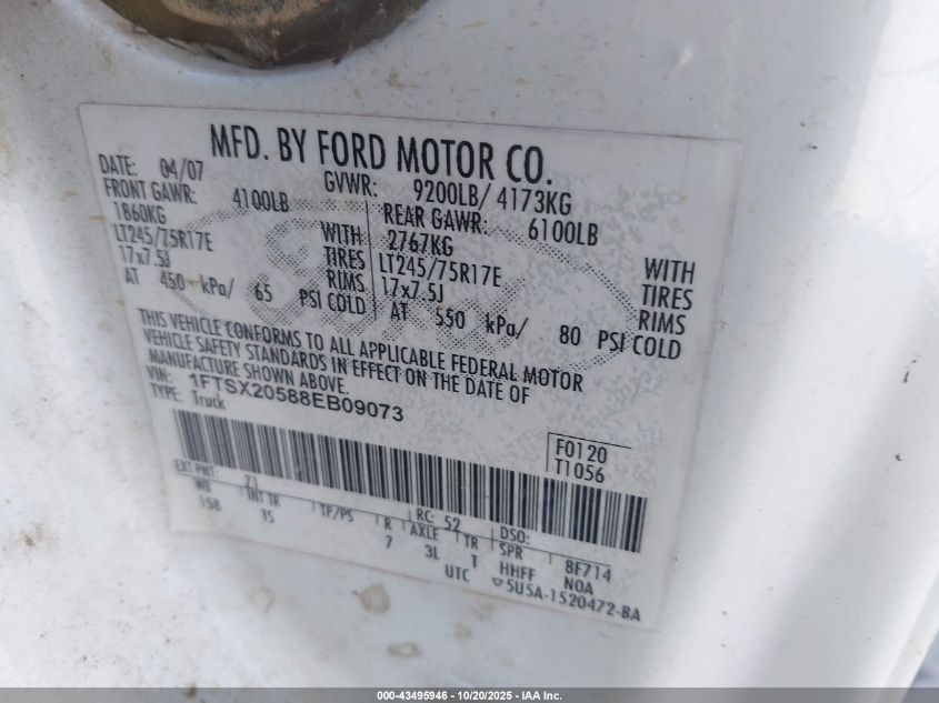 2008 Ford F-250 VIN: 1FTSX20588EB09073 Lot: 43495946