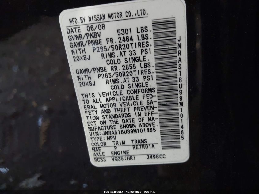 2009 Infiniti Fx35 VIN: JNRAS18U89M101465 Lot: 43495951