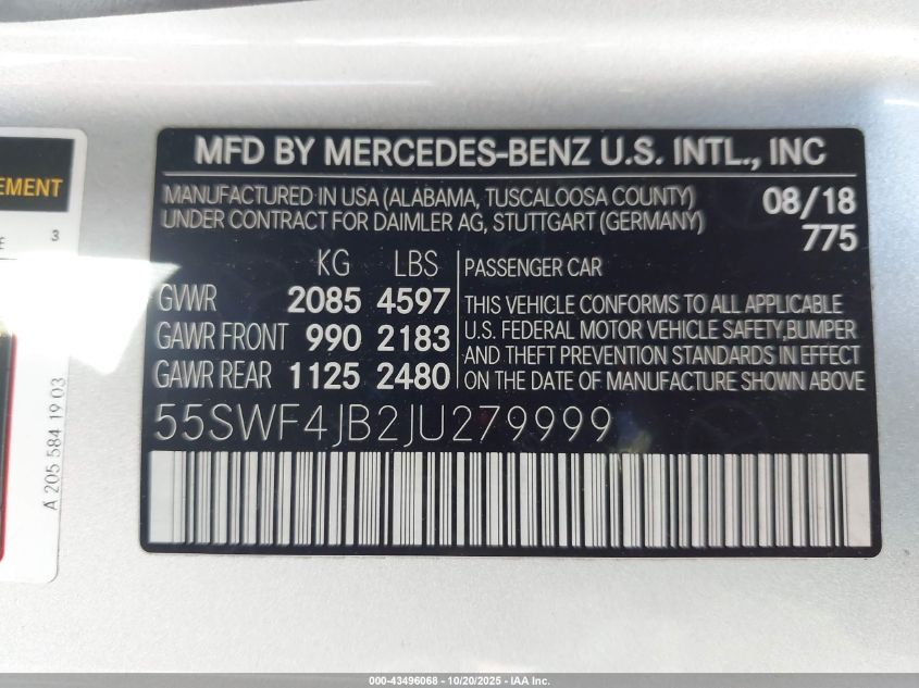 2018 Mercedes-Benz C 300 VIN: 55SWF4JB2JU279999 Lot: 43496068