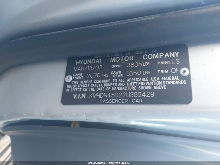 2002 Hyundai Elantra Gls VIN: KMHDN45D22U389429 Lot: 43496088