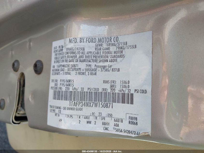 2007 Ford Focus S/Se/Ses VIN: 1FAFP34NX7W150871 Lot: 43496130