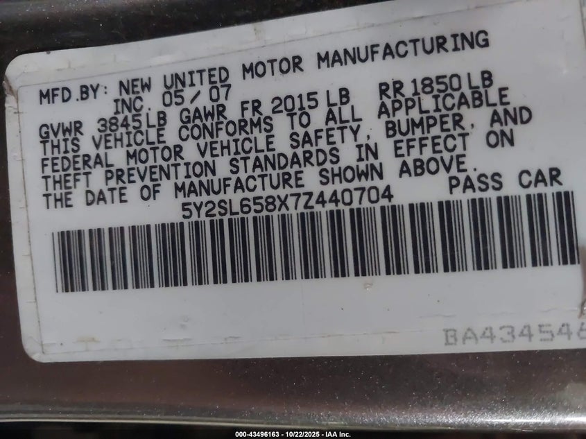 2007 Pontiac Vibe VIN: 5Y2SL658X7Z440704 Lot: 43496163