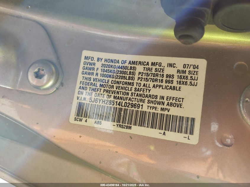 2004 Honda Element Ex VIN: 5J6YH28514L029691 Lot: 43496164