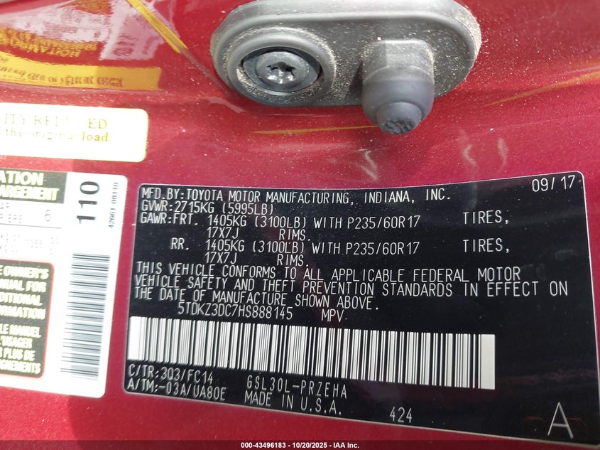 2017 TOYOTA SIENNA LE 8 PASSENGER 5TDKZ3DC7HS888145