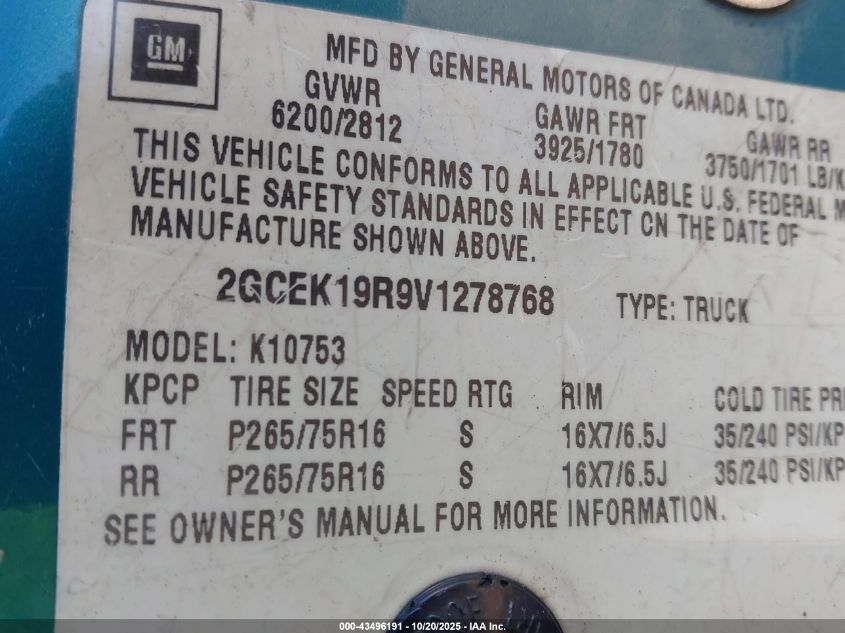 1997 Chevrolet K1500 Fleetside VIN: 2GCEK19R9V1278768 Lot: 43496191