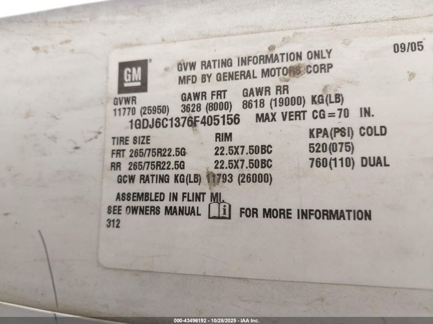 2006 GMC Tc6500 VIN: 1GDJ6C1376F405156 Lot: 43496192