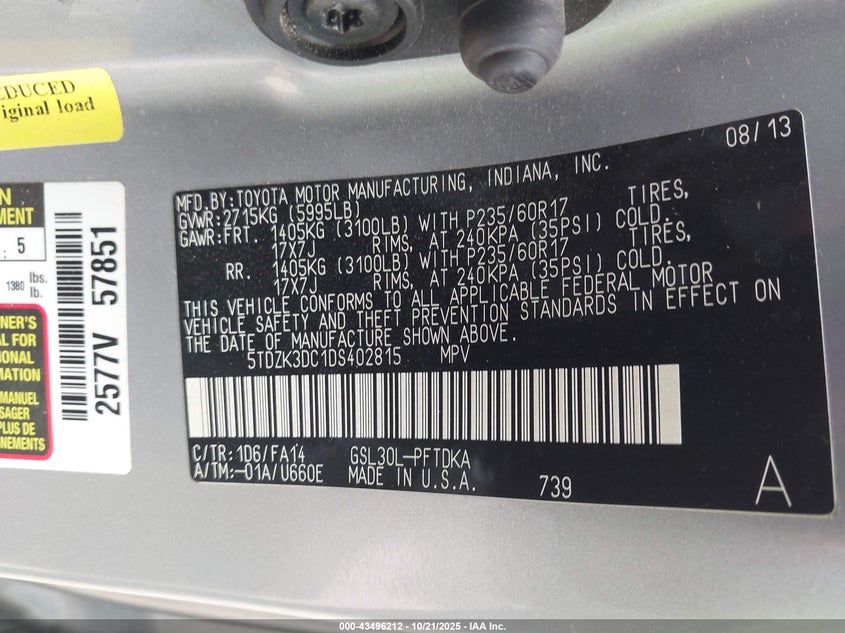 2013 TOYOTA SIENNA L V6 7 PASSENGER 5TDZK3DC1DS402815