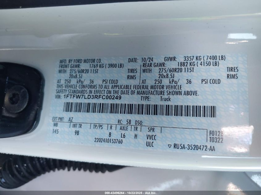 2024 Ford F-150 Platinum VIN: 1FTFW7LD3RFC00249 Lot: 43496264