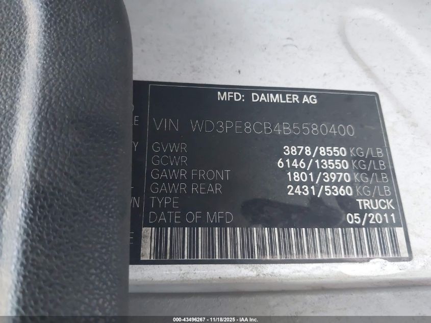2011 Mercedes-Benz Sprinter 2500 High Roof VIN: WD3PE8CB4B5580400 Lot: 43496267