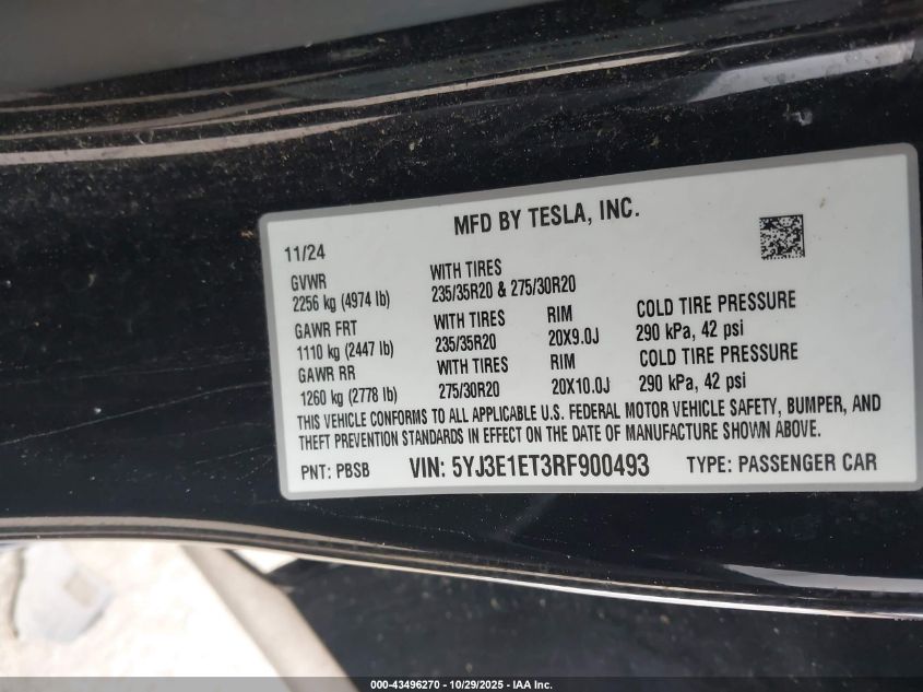 2024 Tesla Model 3 Performance All-Wheel Drive VIN: 5YJ3E1ET3RF900493 Lot: 43496270