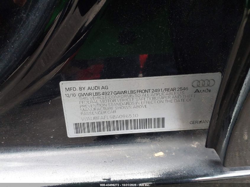 2011 Audi A4 2.0T Premium VIN: WAUBFAFL5BA096510 Lot: 43496272