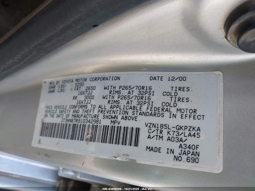 2001 Toyota 4Runner Limited V6 VIN: JT3HN87R910342981 Lot: 43496286