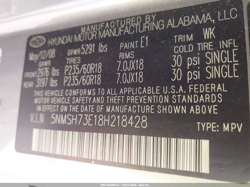 2008 Hyundai Santa Fe Limited/Se VIN: 5NMSH73E18H218428 Lot: 43496314