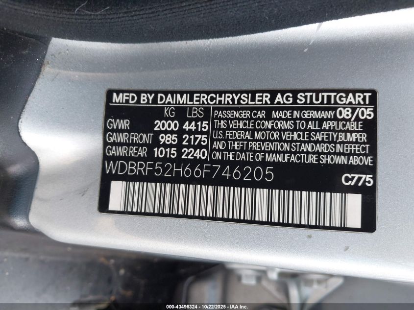 2006 Mercedes-Benz C 230 Sport VIN: WDBRF52H66F746205 Lot: 43496324