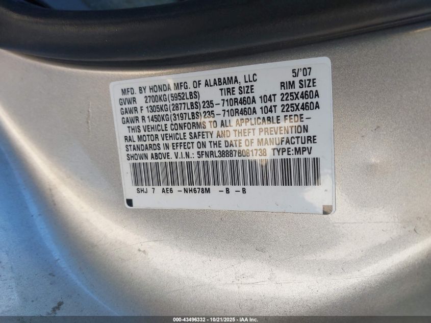 2007 Honda Odyssey Touring VIN: 5FNRL38887B081738 Lot: 43496332