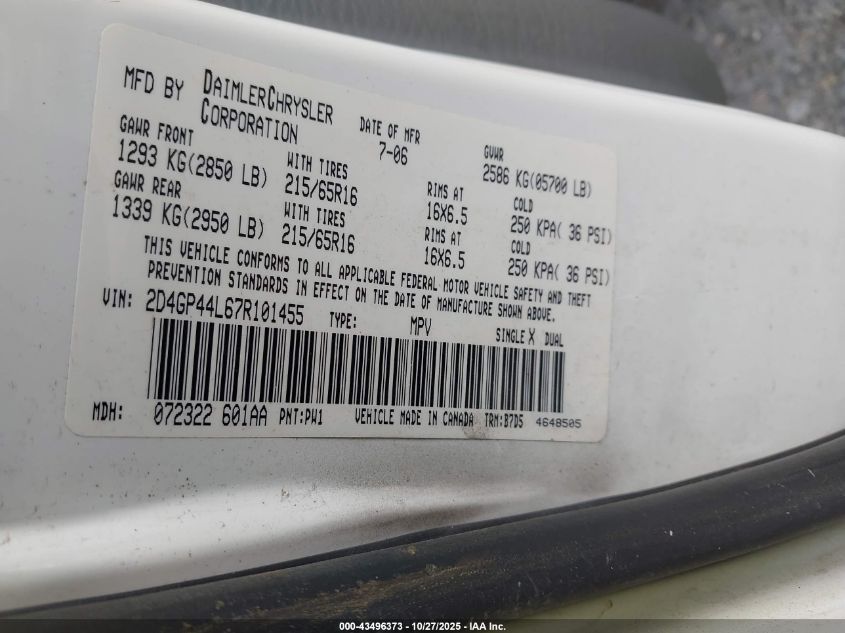 2007 Dodge Grand Caravan Sxt VIN: 2D4GP44L67R101455 Lot: 43496373