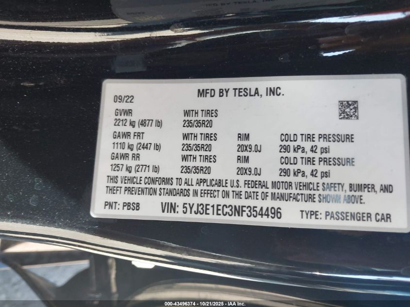 2022 Tesla Model 3 Performance Dual Motor All-Wheel Drive VIN: 5YJ3E1EC3NF354496 Lot: 43496374