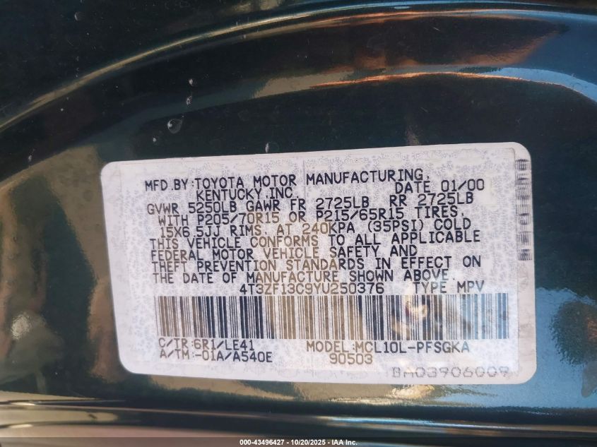 2000 Toyota Sienna Xle VIN: 4T3ZF13C9YU250376 Lot: 43496427