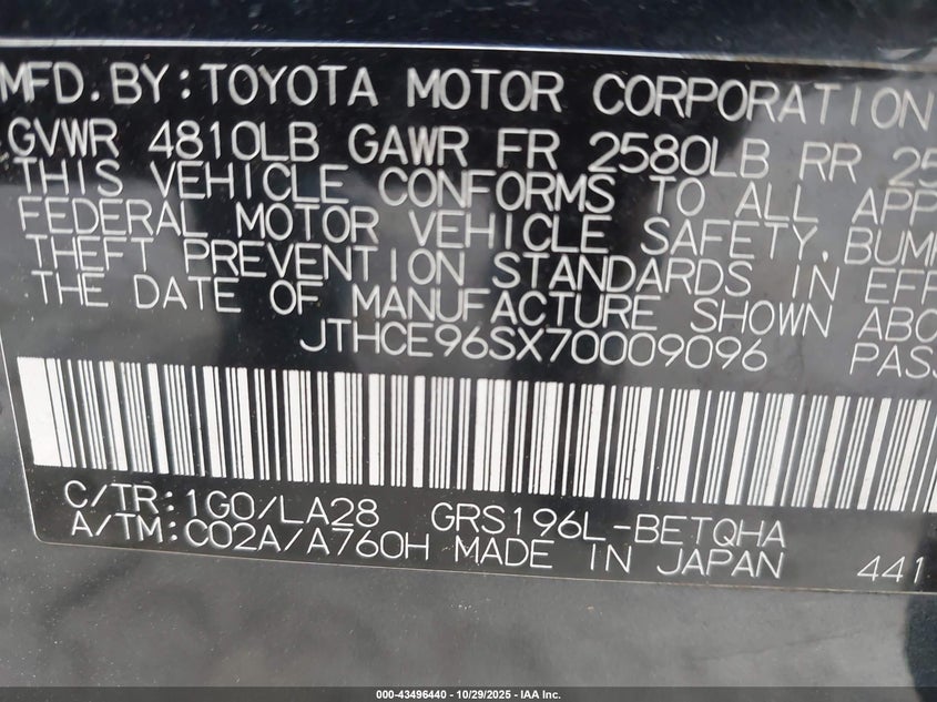 2007 Lexus Gs 350 VIN: JTHCE96SX70009096 Lot: 43496440