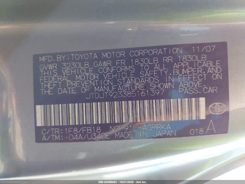 2008 Toyota Yaris VIN: JTDJT923385161397 Lot: 43496483