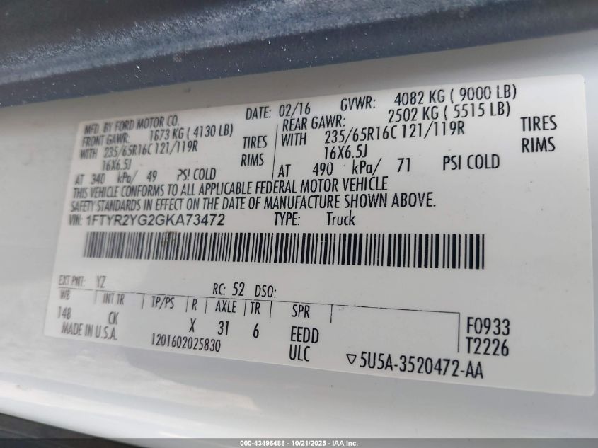 2016 Ford Transit-250 VIN: 1FTYR2YG2GKA73472 Lot: 43496488