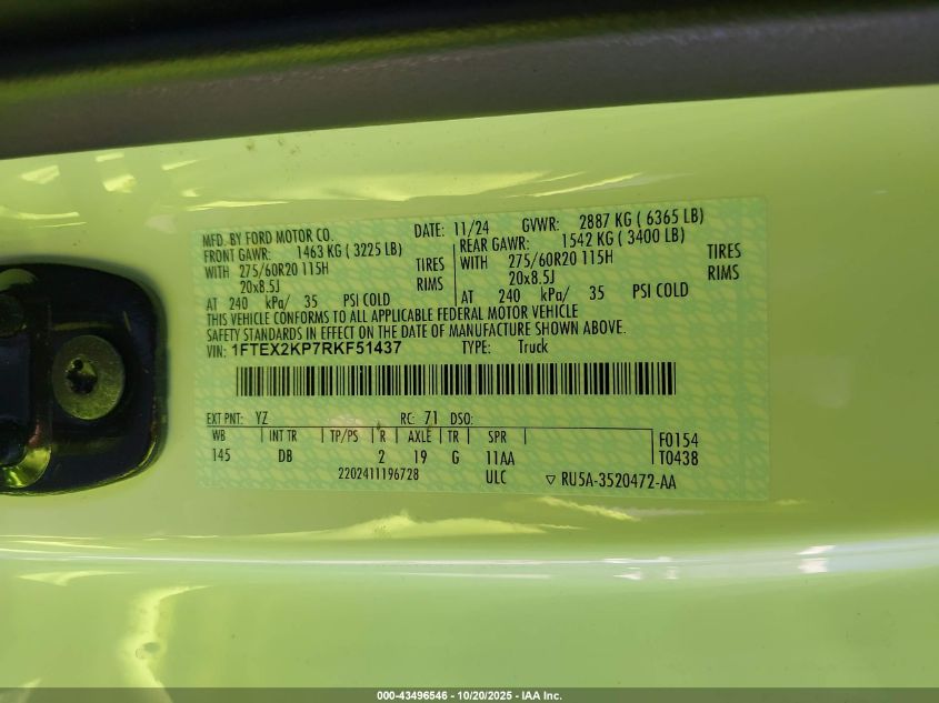 2024 Ford F-150 Stx VIN: 1FTEX2KP7RKF51437 Lot: 43496546