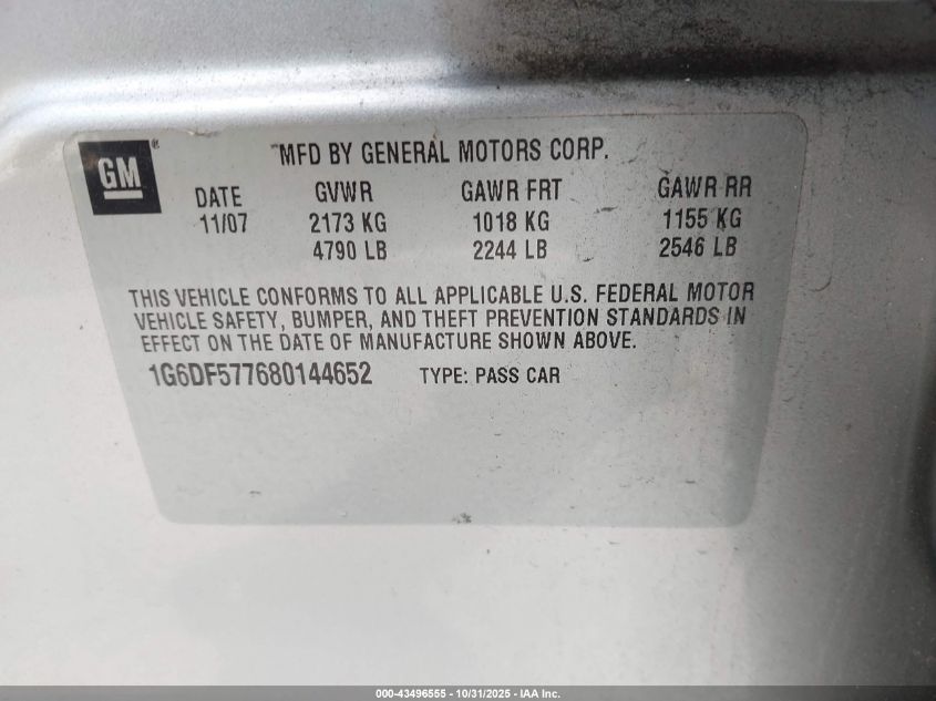 2008 Cadillac Cts Standard VIN: 1G6DF577680144652 Lot: 43496555